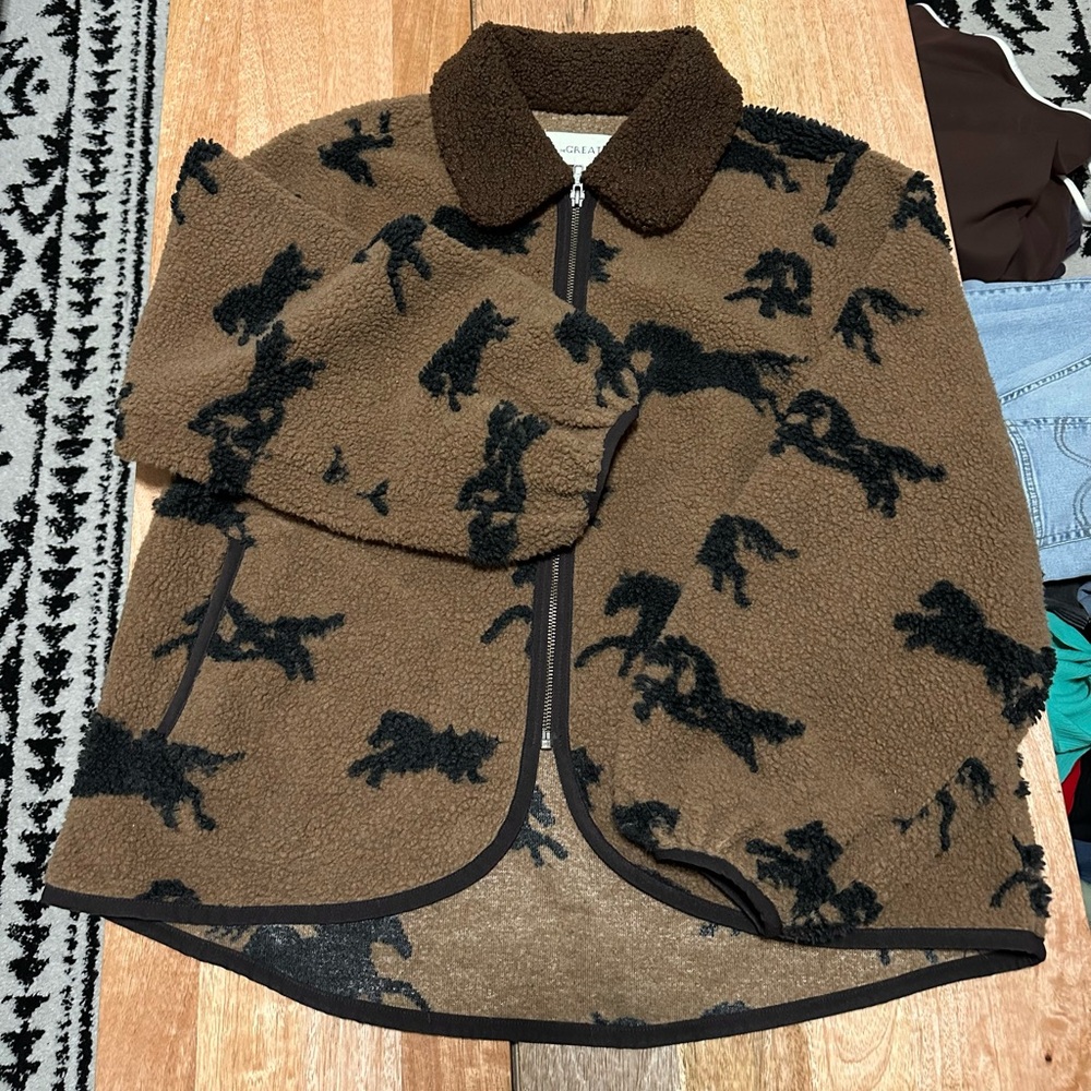 THE GREAT. Brown Fleece Jacket with Black Pattern